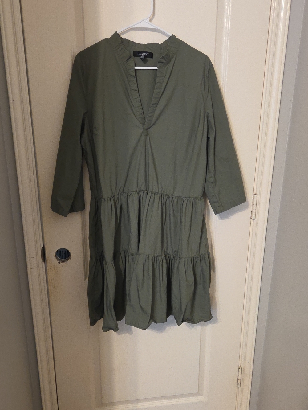 Ellen Tracy Olive Green Tiered V-Neck Dress
